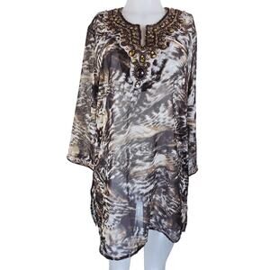 Chico's Animal Print Semi Sheer Beaded Stones Neck Sleeve Women's Blouse 2-M-12